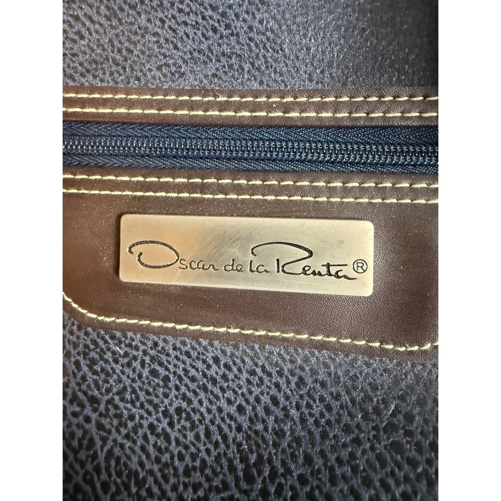 Vtg Oscar de la Renta Carry-On Bag Navy Pebble Suede 90s Weekender‎ Duffel Brown - Picture 3 of 12